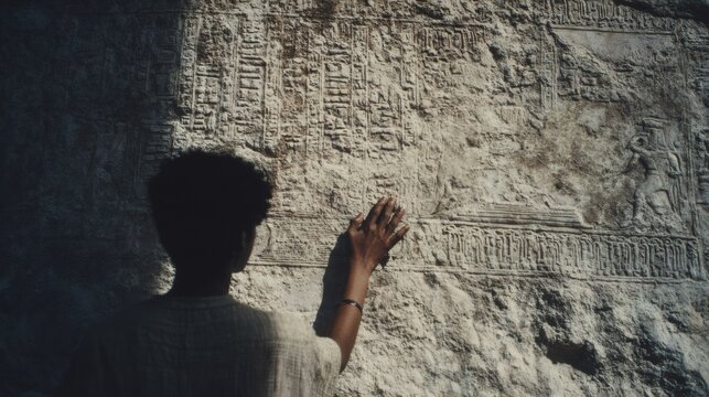 Archeologist examining ancient stone inscriptions. Hand touching hieroglyphics on temple wall. Historical research and deciphering ancient texts concept. Egyptology study.