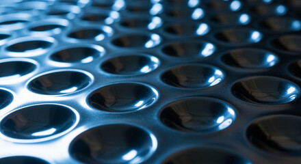 Close-up of a textured metal surface with dimples and blue lighting
