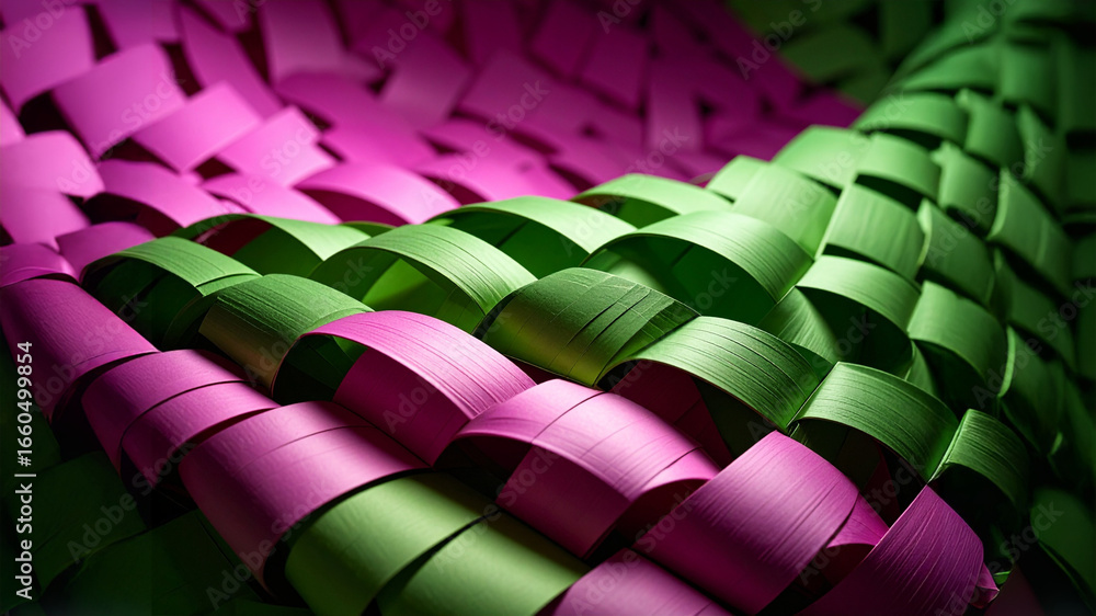 Poster an artistic and abstract close-up of a woven pattern made of bright pink and light green strips. the