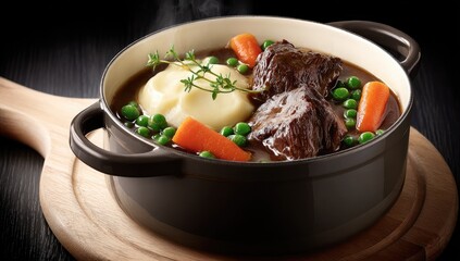 Beef stew in a dark pot with mashed potatoes, carrots, and peas. Steaming hot