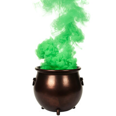A mystical bronze cauldron bubbling with vibrant green smoke, evoking a sense of ancient magic and mysterious enchantment, perfect for themes of fantasy and Halloween.