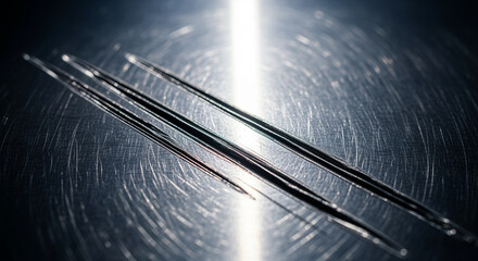 Sewing needles on a scratched metal surface with dramatic lighting