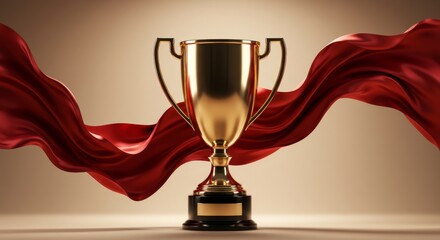 Gleaming Gold Champions Trophy with a Dramatic, Flowing Red Silk Banner.