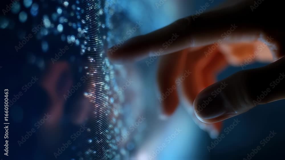Poster focused medium shot of a fingertip tapping a holographic interface on a digital prayer wall light pu