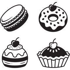 Illustration of macaroons, donuts, cupcakes and pies isolated on white background, perfect for bakery blogs, sweet treat websites, or dessert campaigns