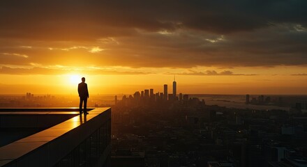 Fototapeta premium A silhouetted figure stands on a rooftop gazing at a city skyline during a vibrant sunset