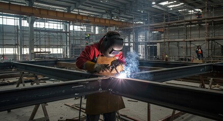 A welder in a workshop welds metal beams producing sparks and smoke Scaffolding is visible in the background