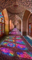 A vibrant interior hallway, adorned with colorful carpets and stained glass
