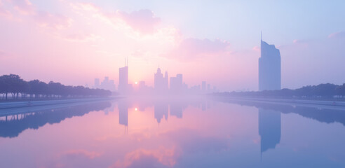 Futuristic skyline in pastel hues reflected perfectly on a still glassy river at sunrise. Pale gradient sky in peach and aqua tones. Long exposure glow softens edges. Cinematic surreal pastel utopia.