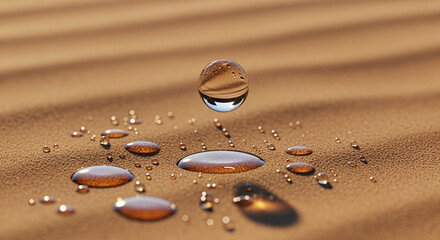 Water droplets on sand dunes with reflection in a large drop