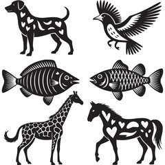 Collection of animal silhouettes isolated on white background featuring a dog, bird, fish, giraffe, and horse with decorative heart and pattern designs