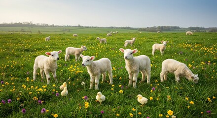 Obraz premium Lambs graze in a field dotted with wildflowers accompanied by small yellow chicks