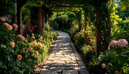 Rose Garden Stone Path Sunlight.