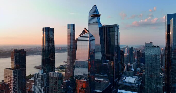 Stunning mirror skyscrapers at Westside Midtown Manhattan. Unique design of the buildings in New York, USA. Aerial view.