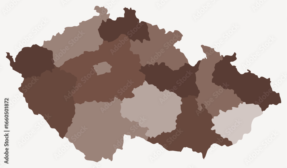 Poster map of czechia with regions. just a simple country border map with region division. brown color pale