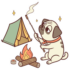 Creative SVG: Amused Pug with with a magic wand in a Campfire Glow colored Camping trip theme