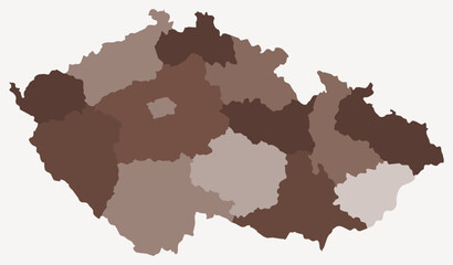 Map of Czechia with regions. Just a simple country border map with region division. Brown color palette. Plain Czechia shape with administrative division. Vector illustration.