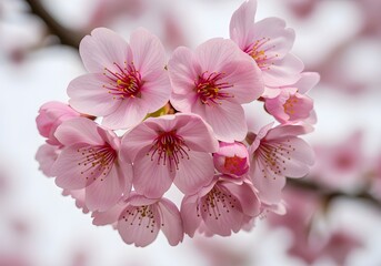 Close up of delicate pink cherry blossoms in full bloom