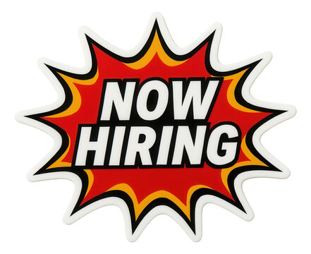 Bold starburst sticker with NOW HIRING message in striking font, effective recruitment promo sign on transparent background.