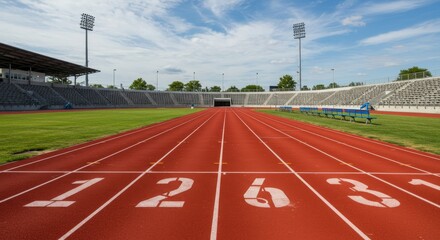 Ready for the Race - Numbered Starting Lanes on a Red Athletic Track in a Sunlit Stadium.