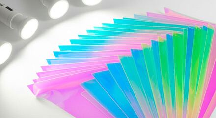Iridescent translucent sheets fanned out under studio lights