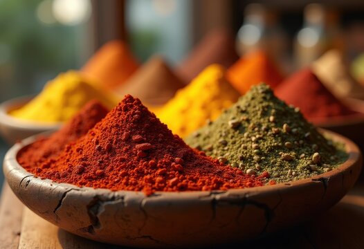 vibrant collection colorful spices rustic textured wooden capturing rich aromatic essence culinary diversity, ginger, pepper, curcumin, cinnamon, cumin