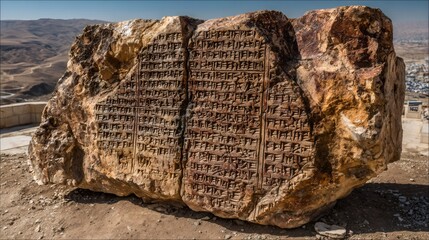 Ancient stone tablet with cuneiform writing discovered at archaeological site. Mesopotamian artifact preserving historical records. Archeology and deciphering ancient languages concept.