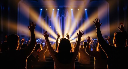 Church worship with raised hands and cross on stage. Religious, spiritual design perfect for faith, church, or concert themes.
