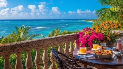 Resort balcony breakfast with ocean view and tropical flowers in morning light
