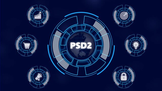PSD2 Personal data protection regulation cyber security. Business network concept. a futuristic holographic advanced HUD circle platform Business, network background concept