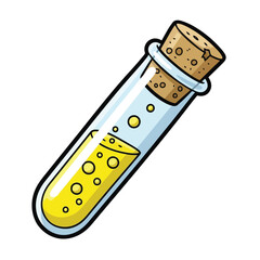Vector art of cartoon illustration of a glass test tube filled with yellow liquid and bubbles, sealed with a cork stopper