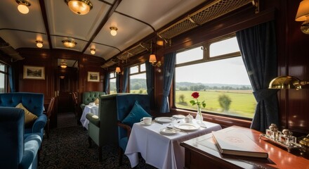 Elegant vintage train dining car interior with plush seating and scenic countryside views through the windows.