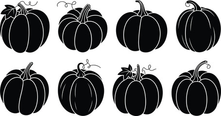 Black pumpkin silhouette vector illustration set, eight unique shapes with leaves and tendrils, simple outlined designs for autumn, harvest, Halloween, seasonal decoration themes