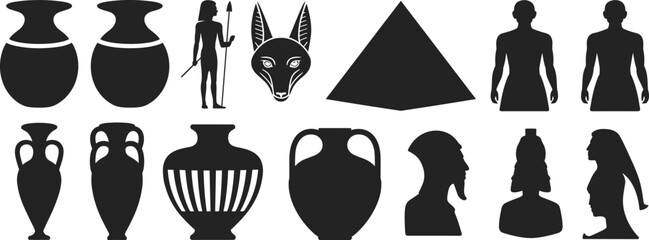 Ancient Egypt silhouette illustration, cultural symbols and figures including pharaohs, deities, pyramids, vases, amphorae, vector art for history, archaeology, mythology, heritage