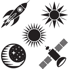 Space icons, black and white, vector graphics, astronomy symbols, rocket ship, sun, moon, satellite © Ahmed