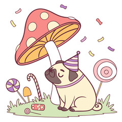 An adorable Pug with a Relaxed vibe, under a mushroom, and a Candy Shop Birthday theme – SVG style