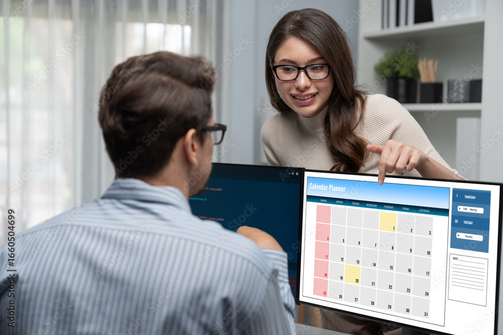 Poster calendar on computer software application for brisk schedule planning for personal organizer and onl