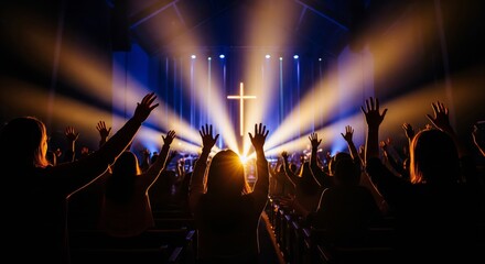 Church worship with raised hands and cross on stage. Religious, spiritual design perfect for faith, church, or concert themes.