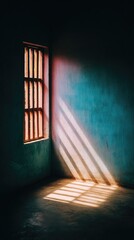 Sunlight streams through a barred window into a dimly lit room