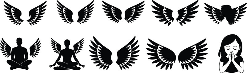 Wing and figure silhouettes, ten unique designs including angel wings, seated and praying figures, black vector illustration for fantasy, spiritual, decorative, design, celestial