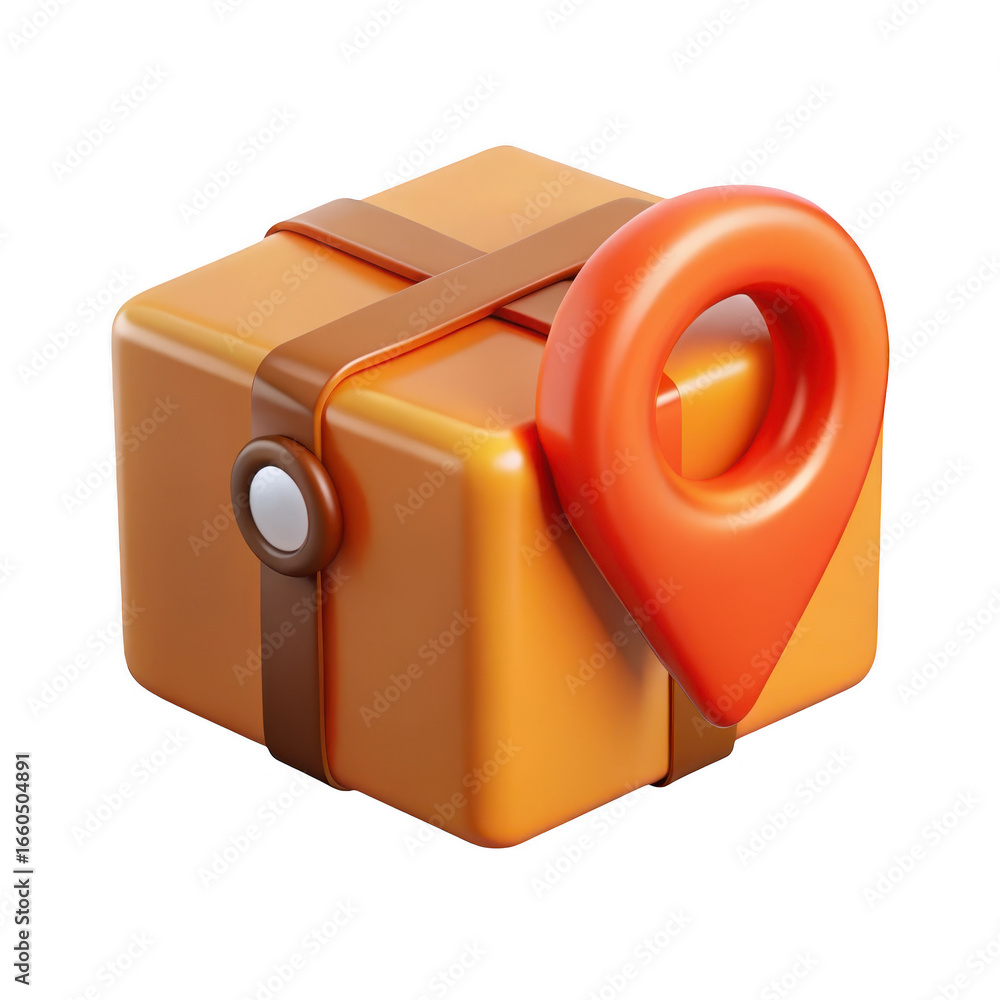 Poster 3d delivery package with location pin isolated on transparent background