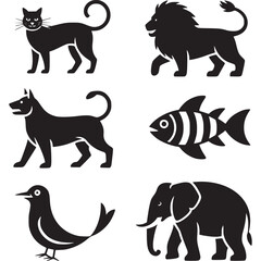 Illustration of various animals including a cat, lion, dog, fish, bird, and elephant isolated on white background, representing wildlife and nature