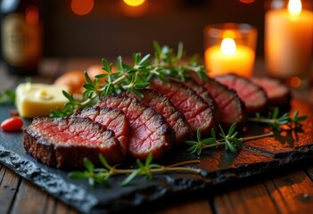 sizzling steak gourmet platter dark slate rustic dining experience succulent juicy cuts melting butter aromatic herbs grilled perfection, sauce, plate, cuisine