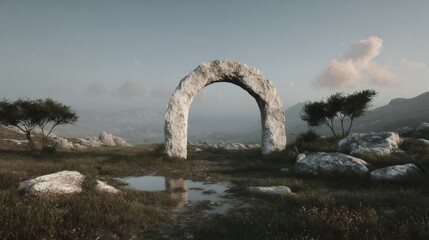Ancient stone arch in misty landscape with trees and puddle reflection. Mysterious archaeological site. Historical ruin concept for book cover or game background design