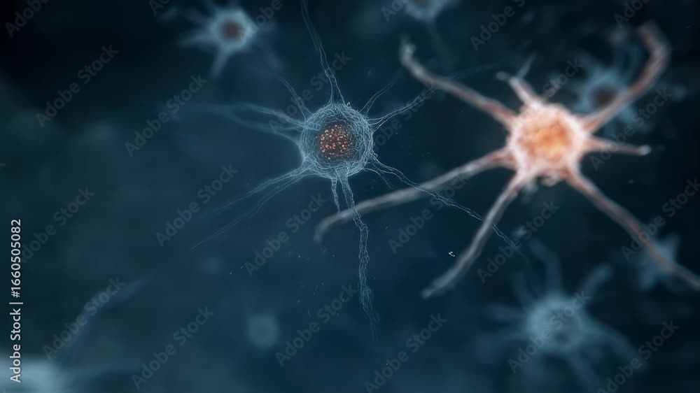 Poster clear medium shot showing the transition from a sharpedged virus to a neuron with fragmented myelin 