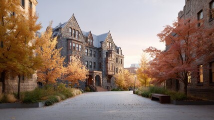 Obraz premium Beautiful Autumn Scene of Historic Stone Buildings with Colorful Leaves in Urban Setting