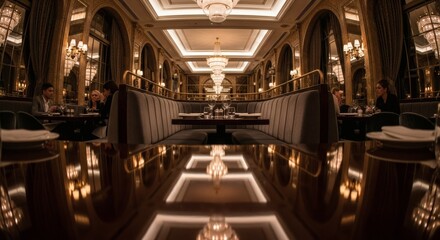 Luxurious, dimly lit dining room with plush seating, ornate chandeliers, and reflective surfaces, creating an elegant and intimate atmosphere for patrons.