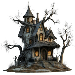 Spooky Halloween Haunted House Illustration in Vintage Style