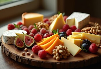 stylish cheese board arrangement seasonal colorful gourmet delights elegant snacking, fruits, nuts, platter, appetizer, grapes, berries, figs, cheddar