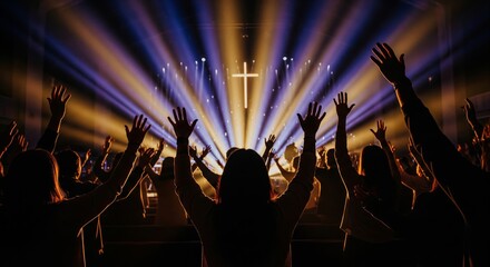 Church worship with raised hands and cross on stage. Religious, spiritual design perfect for faith, church, or concert themes.